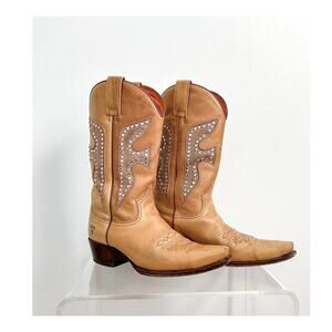 Vintage Frye Daisy Duke Tan Brown Leather Pink Crystal Studded Cowboy Boots 9